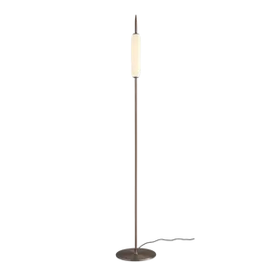 Høj, slank gulvlampe i bronzed finish med cylindrisk lys og cirkulær base.